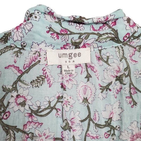 Umgee Size L Dress Blue CottageCore Floral Crinkle V-neck Ribbon Tie Puff Sleeve - Picture 6 of 9